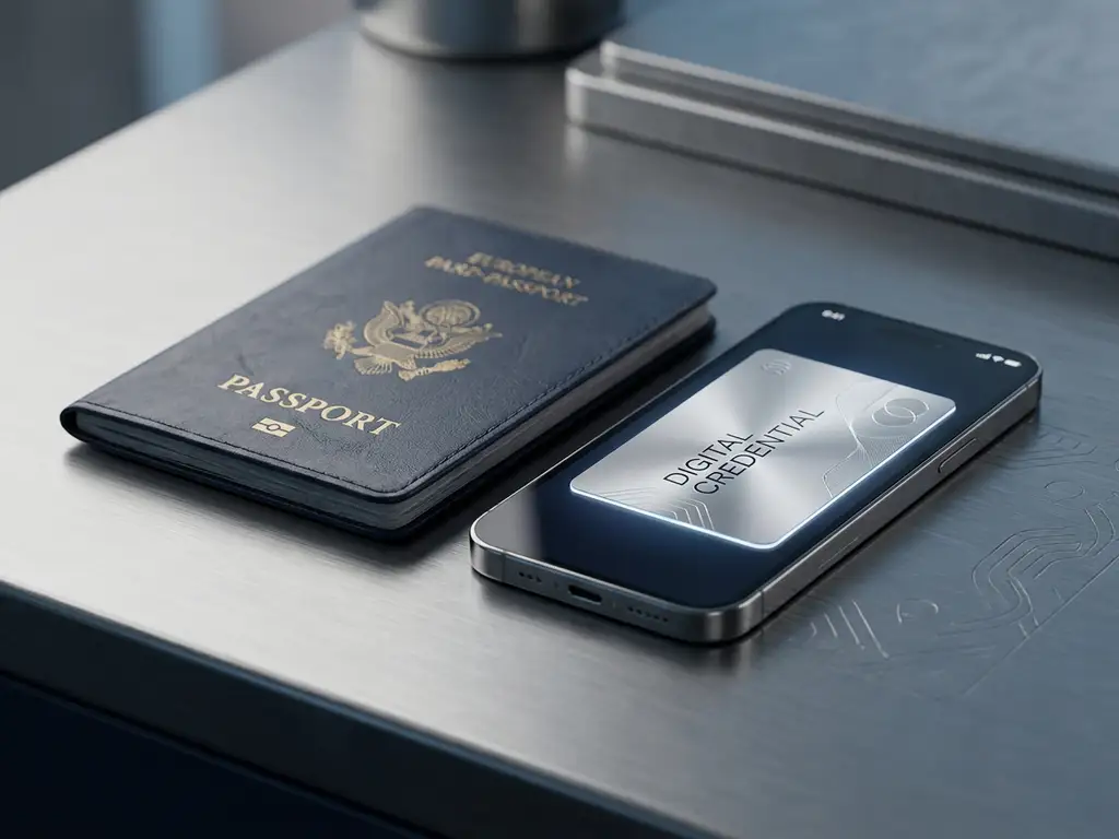 European passport beside a smartphone displaying a digital identity credential on a brushed steel surface with security watermark patterns.