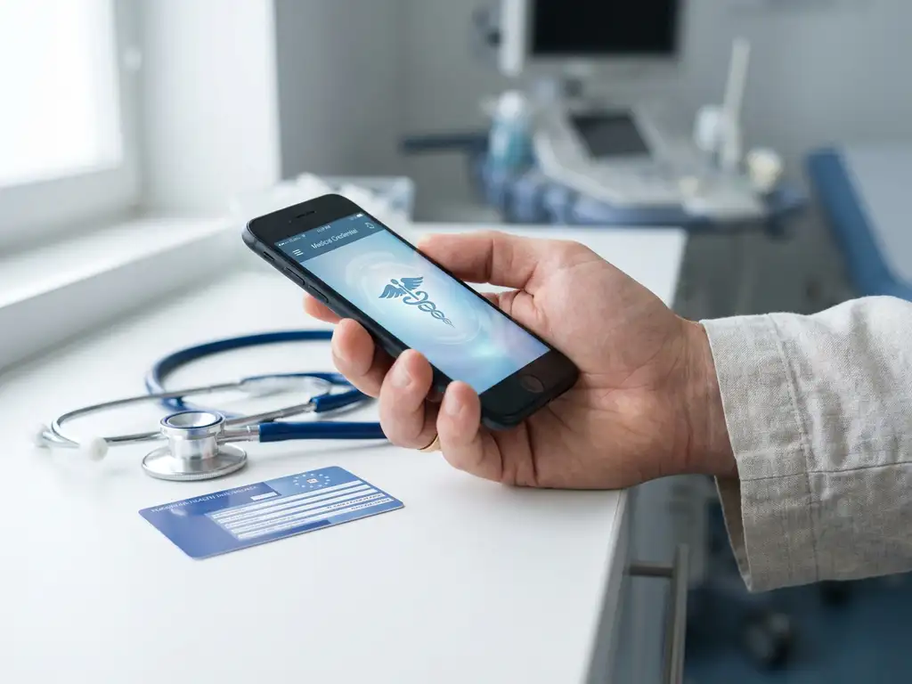 Hand holding a smartphone with a digital medical ID credential beside a stethoscope and European health insurance card on a white surface.