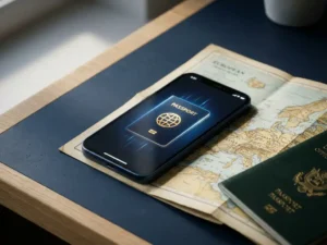 Smartphone displaying a digital passport credential on a European travel map with a second official document partially visible beneath it.