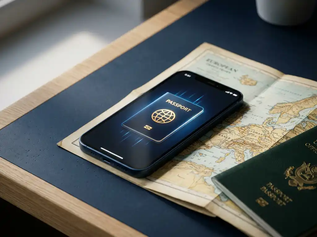 Smartphone displaying a digital passport credential on a European travel map with a second official document partially visible beneath it.