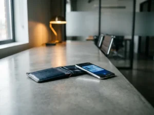 Leather wallet open beside a smartphone showing a digital credential card on polished concrete in a minimalist office setting.