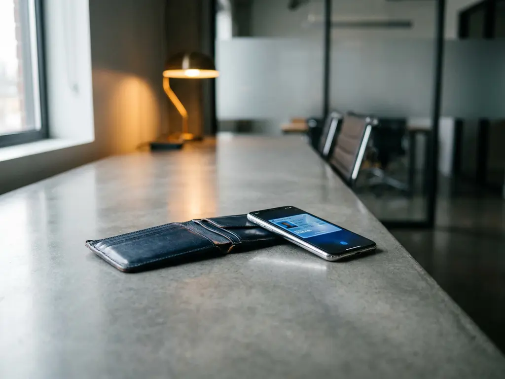 Leather wallet open beside a smartphone showing a digital credential card on polished concrete in a minimalist office setting.
