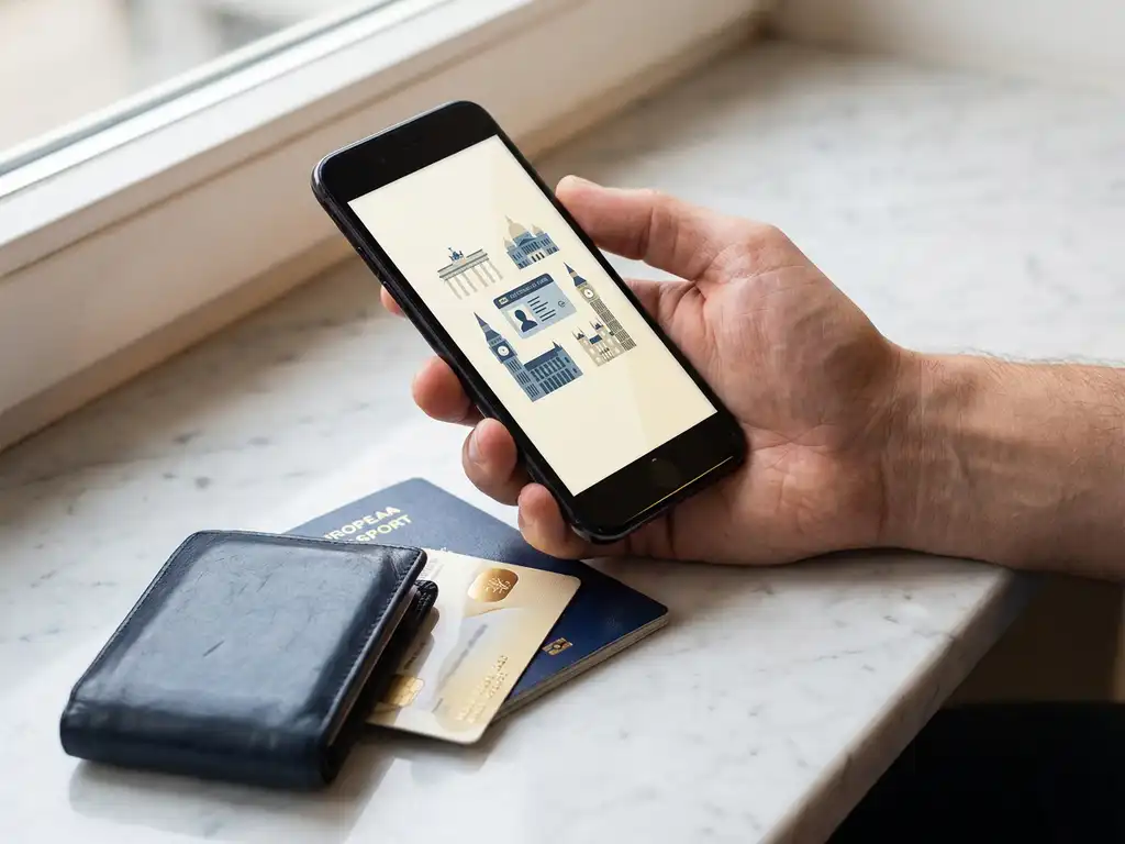 Hand holding a smartphone above a leather wallet, passport, and health card fanned on marble, illustrating European digital ID consolidation.
