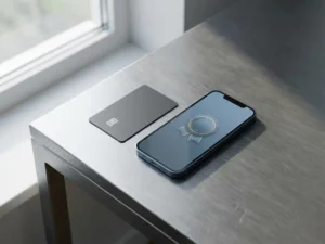 Smart card and smartphone displaying a digital identity credential side by side on a brushed-steel desk in soft natural light.