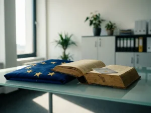Worn leather legal tome open on a glass desk beside a folded EU flag, with a digital identity card resting across the pages.