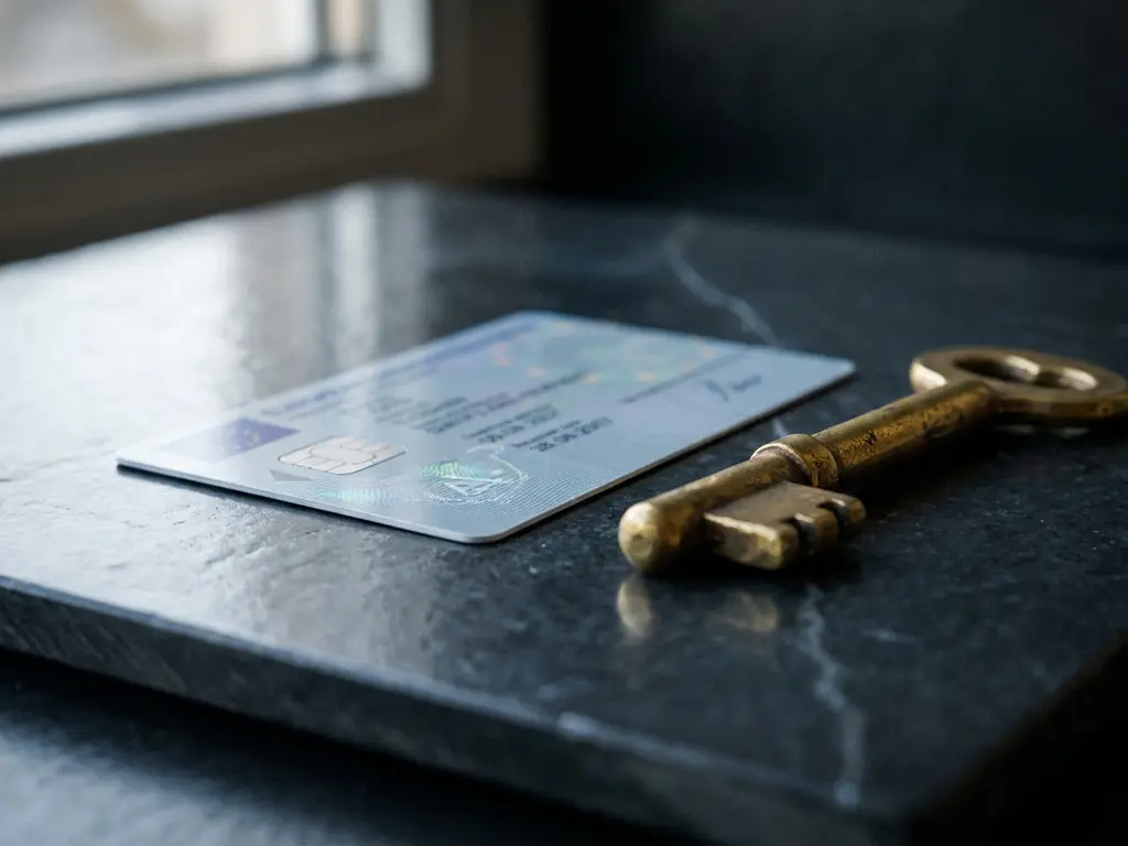 EU identity card and brass key resting on polished slate, lit by soft natural light with warm gold and cool blue tones.