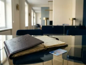 Worn leather compliance folder open on a glass desk beside an EU identity card and smartphone in a modern office setting.