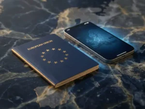 EU passport and smartphone on marble surface with soft blue screen glow and faint European map etching in background.
