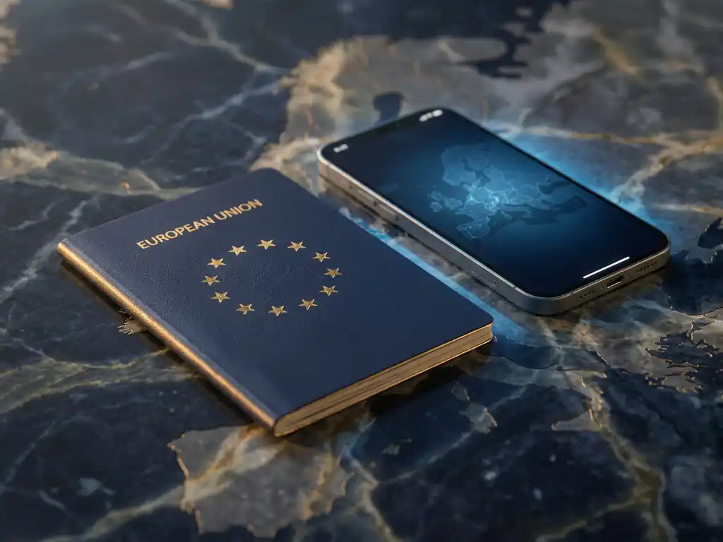 EU passport and smartphone on marble surface with soft blue screen glow and faint European map etching in background.