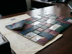 EU member state passports and identity cards arranged on a government desk over a worn regulation document, one card slightly misaligned.