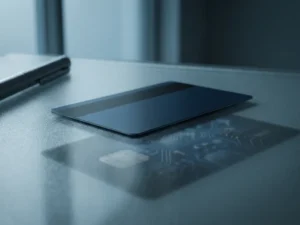 European digital ID card face-down on frosted glass, cool steel-blue tones and dramatic side lighting suggesting hidden personal data.