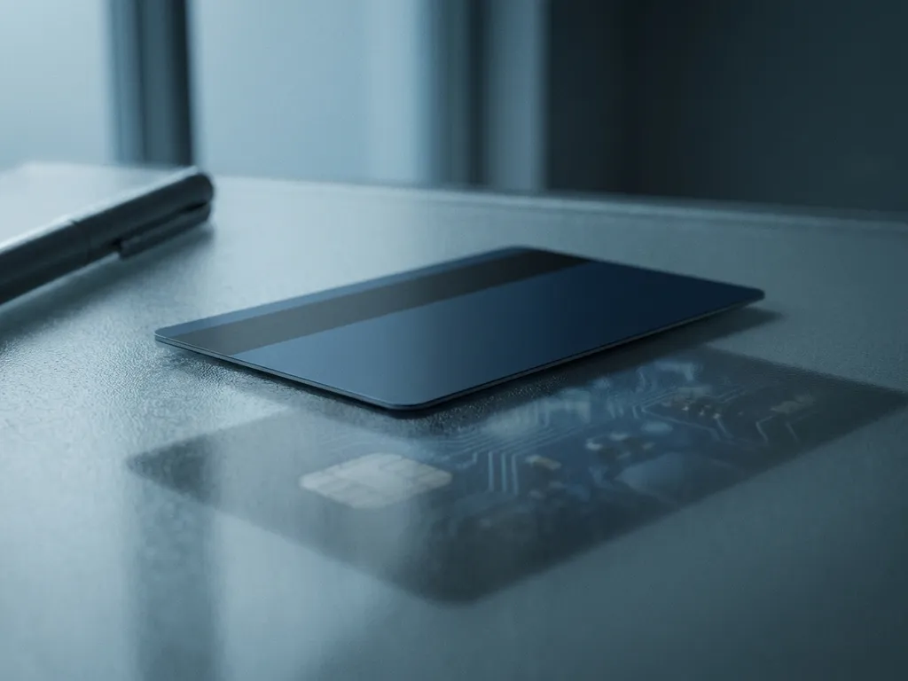 European digital ID card face-down on frosted glass, cool steel-blue tones and dramatic side lighting suggesting hidden personal data.