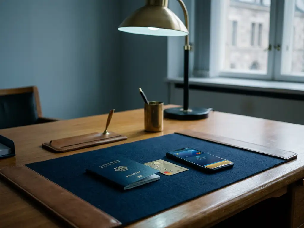 European passport and bank card on a government office desk beside a smartphone displaying a digital wallet interface.