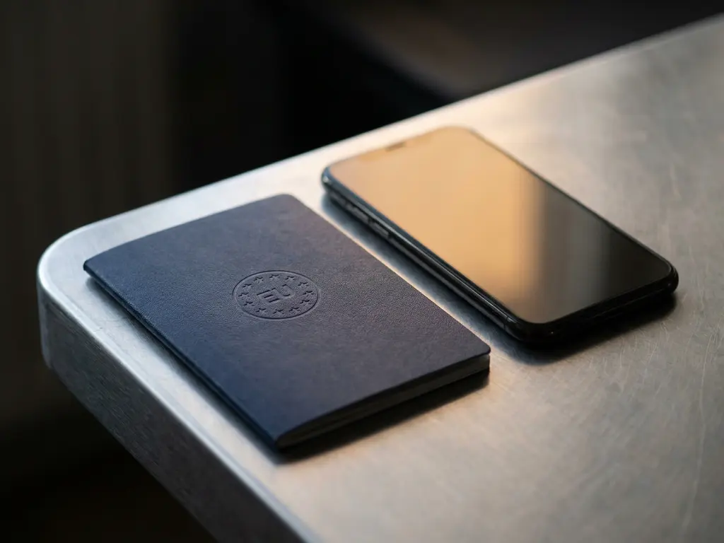 European passport card and smartphone on brushed steel surface, EU emblem embossed on card, cool silver and navy tones with warm ambient light.