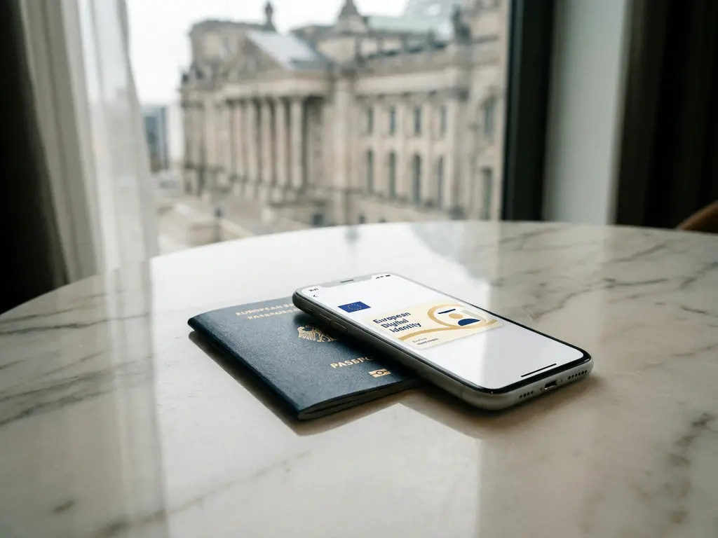 European passport and smartphone displaying a digital credential card on marble, with a civic building blurred in the background.