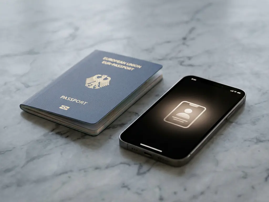 European passport and smartphone displaying a digital identity credential on grey marble, illustrating modern eID document options.