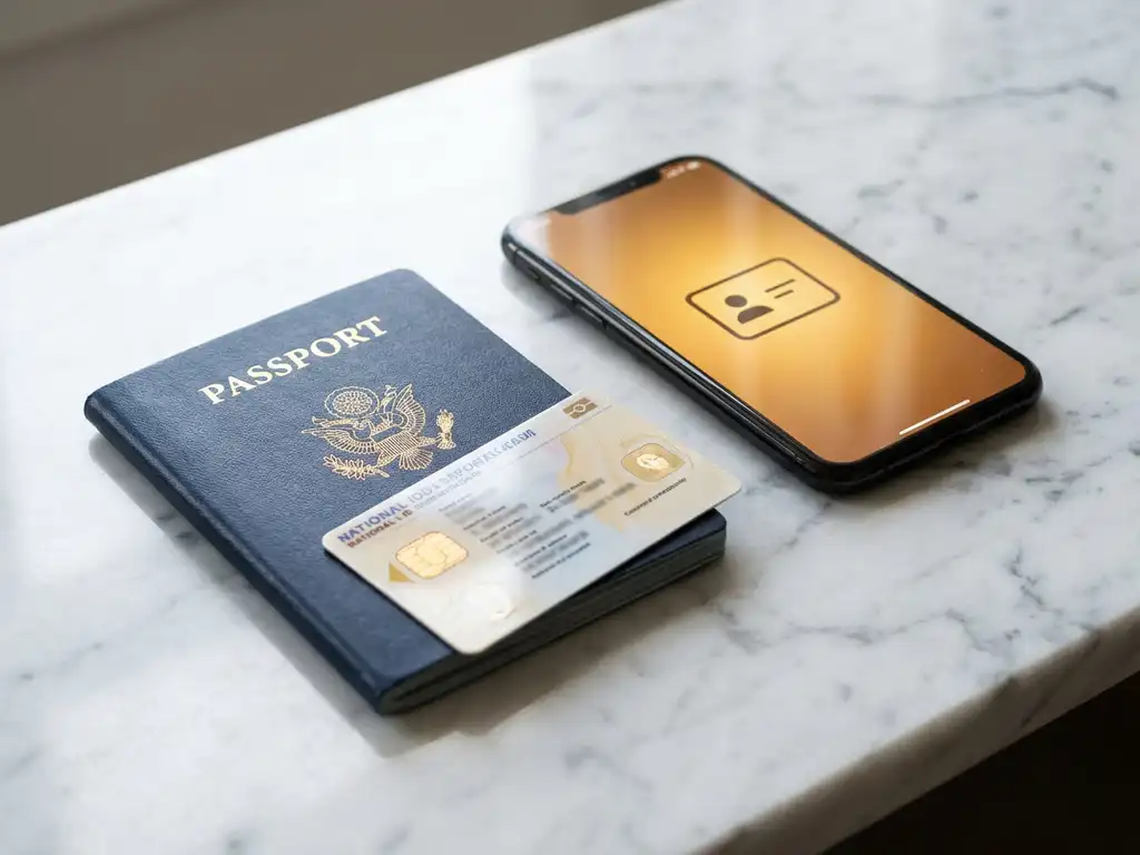 European passport and national ID card beside a smartphone showing a digital credential interface on a marble surface.