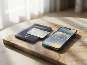 European passport and national ID card on marble surface beside a smartphone showing a digital wallet interface, EU blue and gold tones.