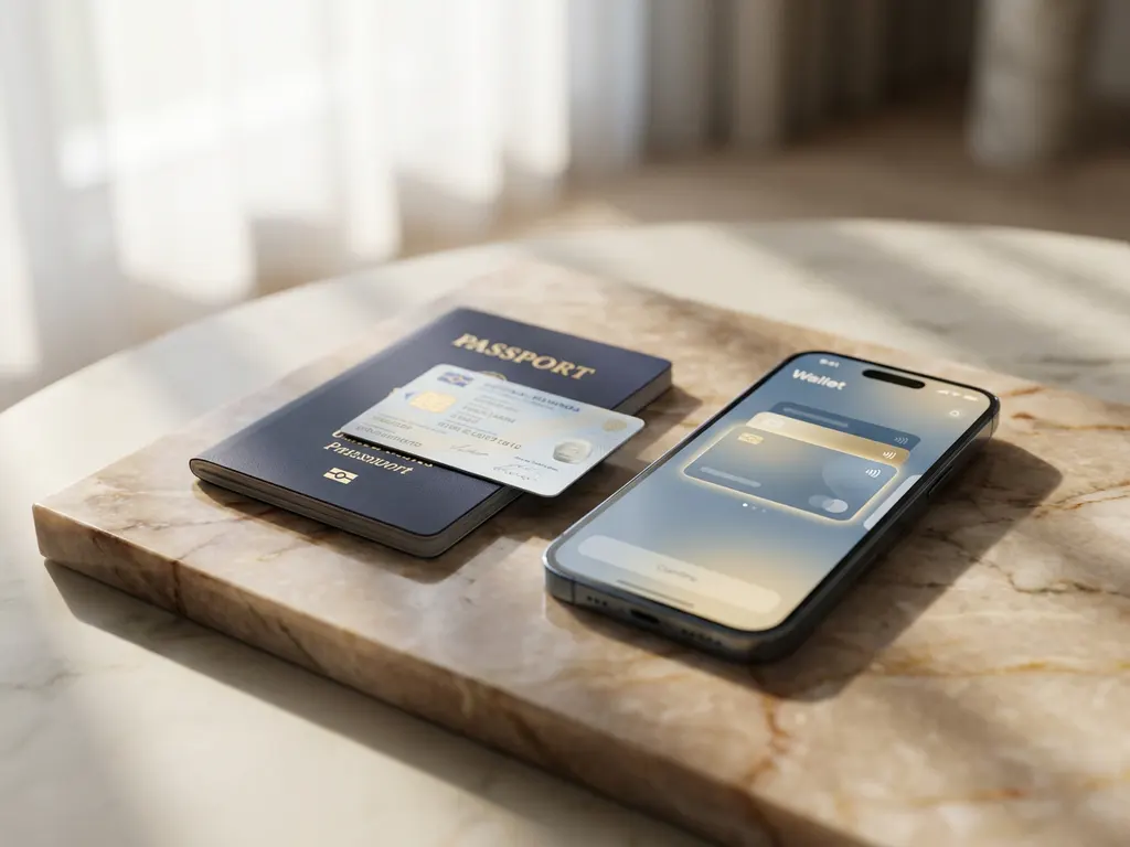 European passport and national ID card on marble surface beside a smartphone showing a digital wallet interface, EU blue and gold tones.