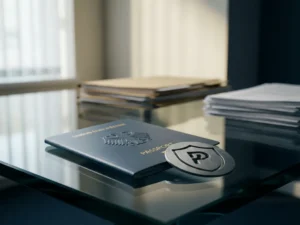 European passport and privacy shield emblem on a glass desk in a modern compliance office, lit by soft natural window light.