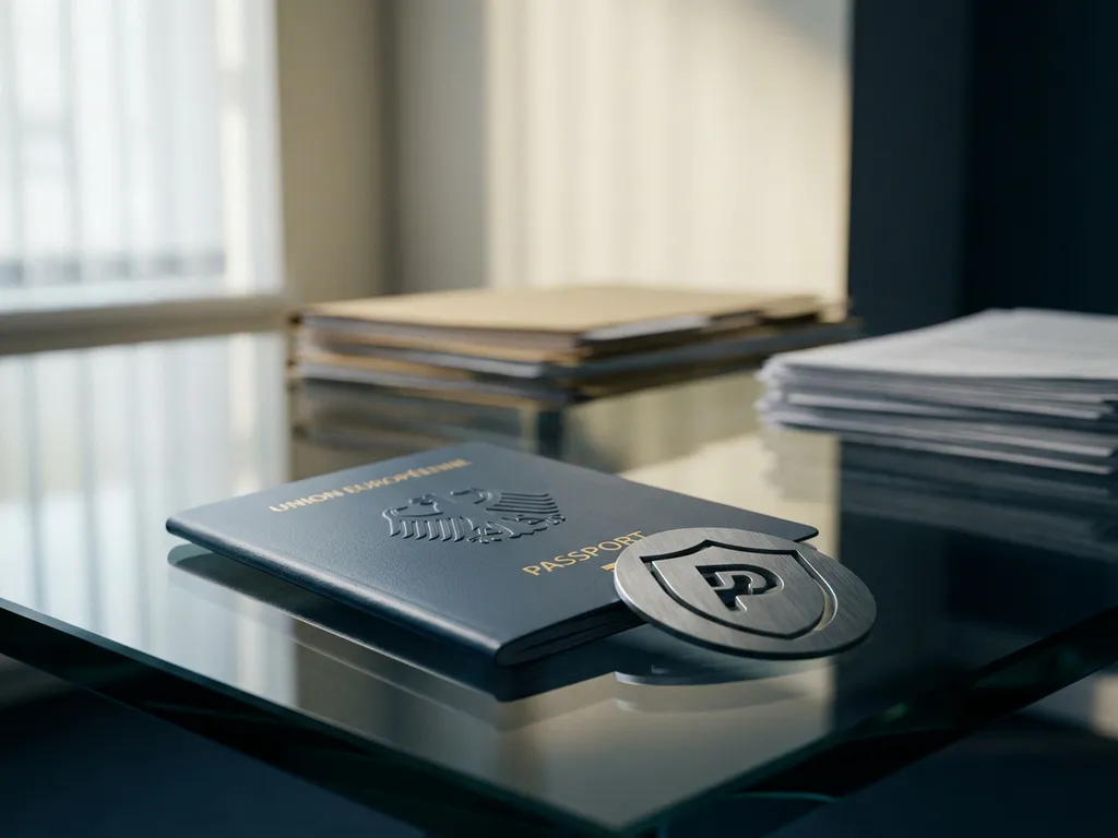 European passport and privacy shield emblem on a glass desk in a modern compliance office, lit by soft natural window light.