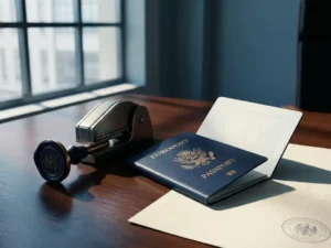 European passport and security seal on a polished government desk beside an official document, lit by soft window light.