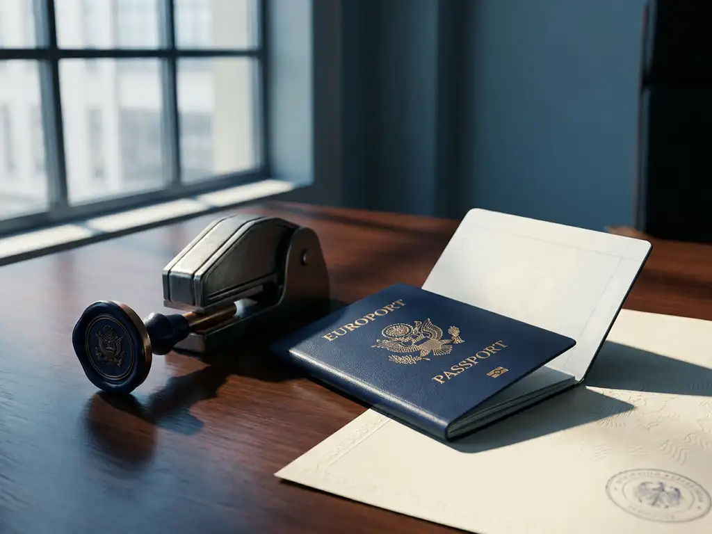 European passport and security seal on a polished government desk beside an official document, lit by soft window light.