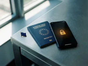 European passport and smartphone with glowing lock icon on a brushed steel desk beside an EU flag pin, symbolizing digital identity security.
