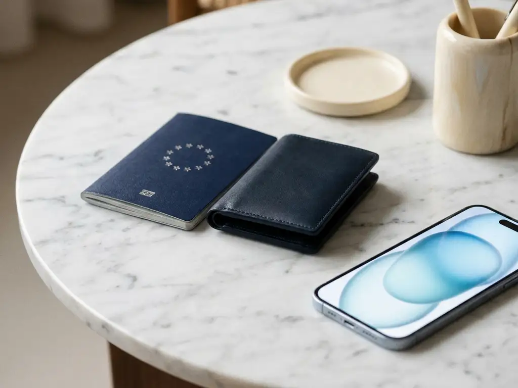 European passport and leather wallet on white marble beside a glowing smartphone, cool silver and navy tones with soft overhead lighting.