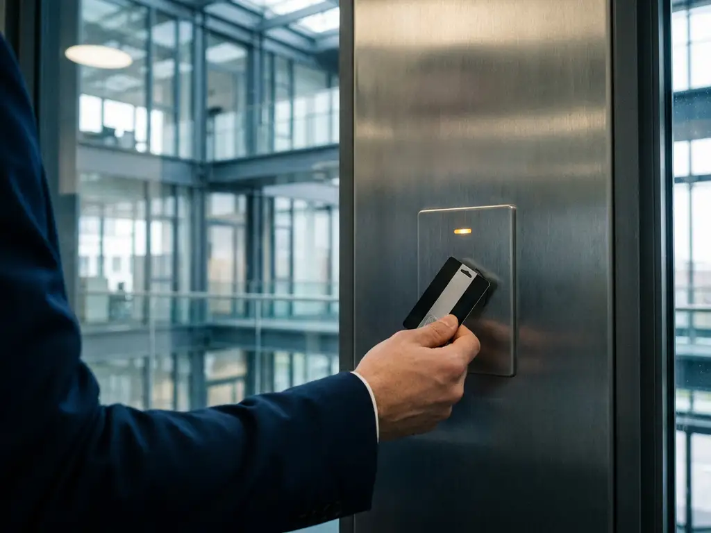 Government official tapping a security card on a modern NFC reader mounted on brushed steel, glass office building visible behind.