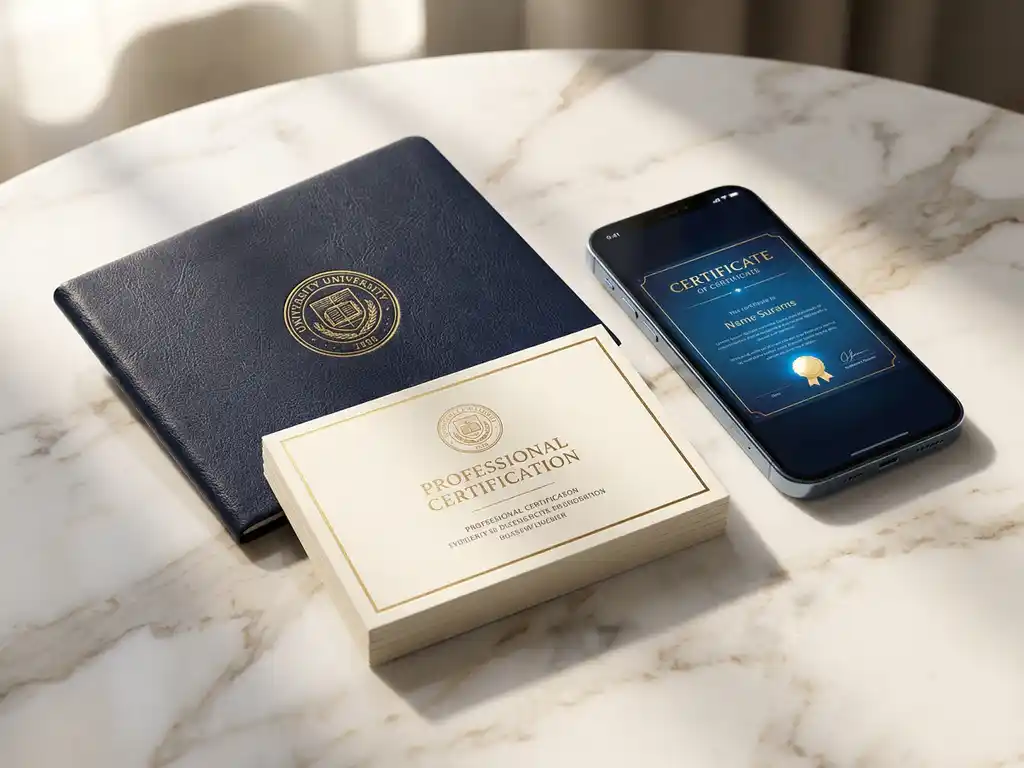 Leather-bound university diploma and certification card beside a smartphone displaying digital credentials on a marble surface.