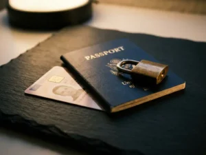 European passport and ID card on dark surface with brass padlock symbolizing identity document security.