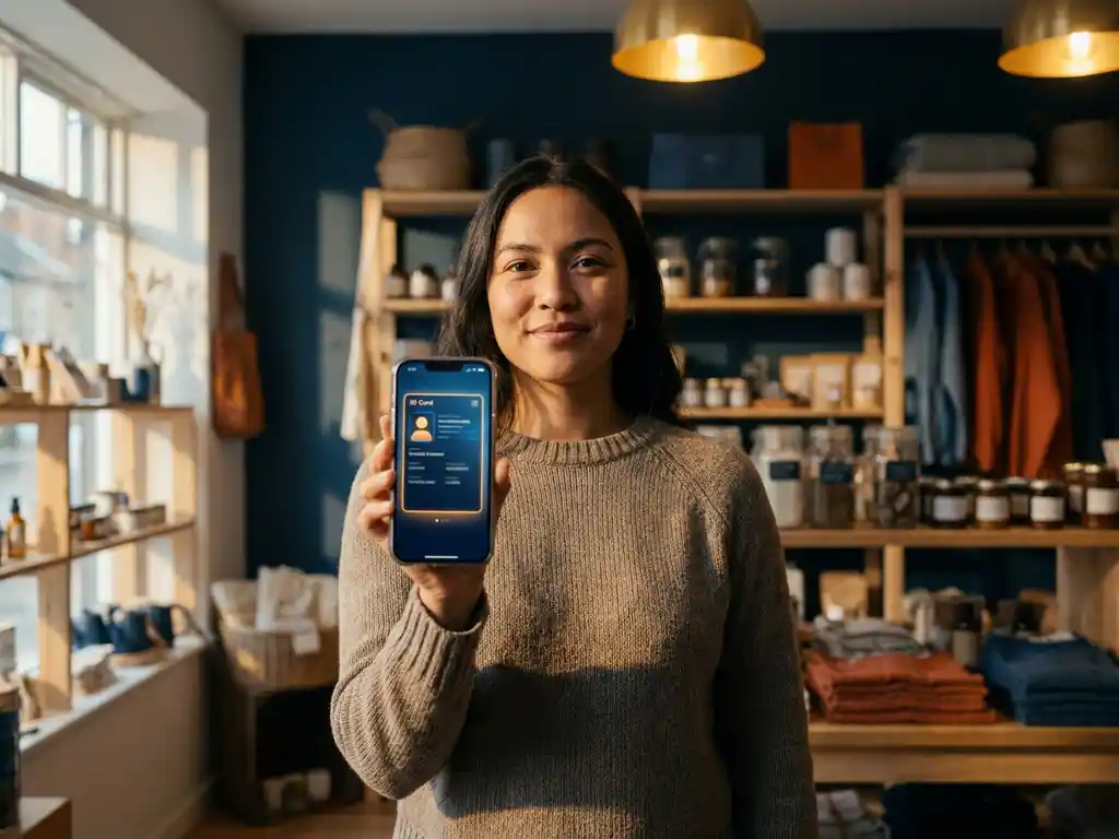 Small business owner displaying a digital ID card on a smartphone inside a warmly lit independent shop with wooden shelves.