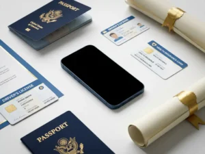 Smartphone on white desk surrounded by physical identity documents including passport, driver's license, health insurance card, and diploma in flat lay arrangement.
