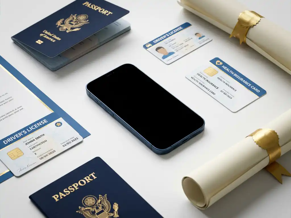 Smartphone on white desk surrounded by physical identity documents including passport, driver's license, health insurance card, and diploma in flat lay arrangement.