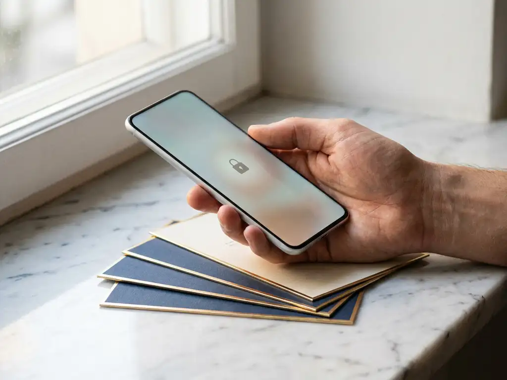 Hand holding a smartphone with a glowing lock icon on a frosted glass interface, document cards fanned on a marble surface.