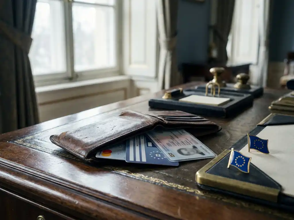 Worn leather wallet open on a government office desk, spilling bank, health insurance, and ID cards beside an EU flag pin.